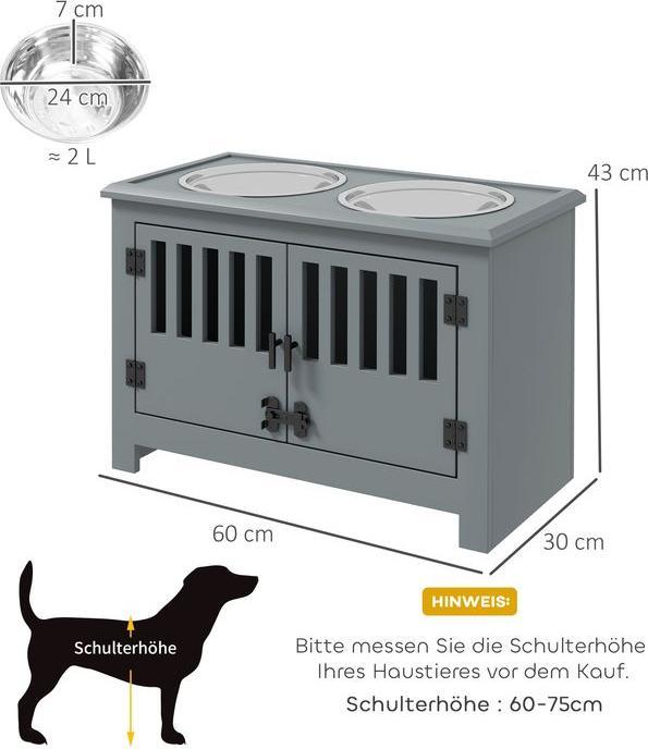 Swisshandel24 Erhhte Futterstation fr grosse Hunde, 2 Edelstahlnpfe,  Stauraum, 35,5x60x30 cm, Grau