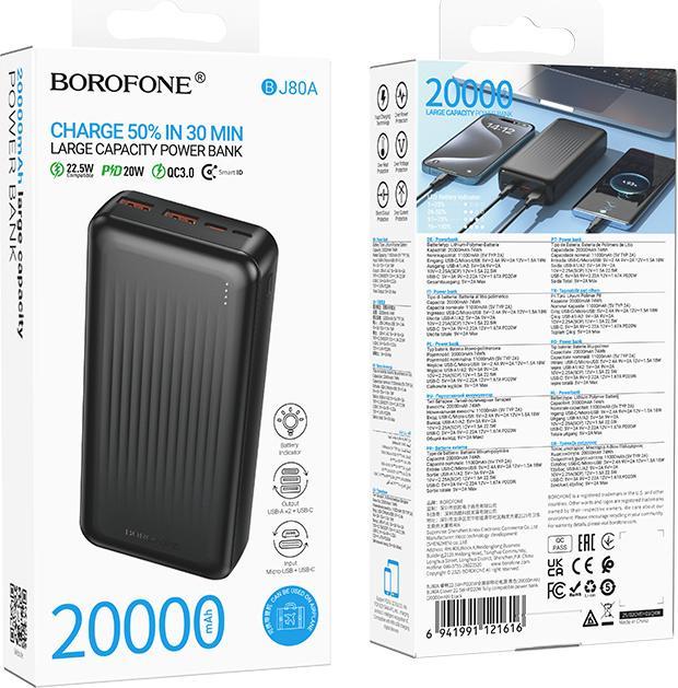 Immagine prodotto Borofone Powerbank 20000mAh BJ80A Clever - 2xUSB + Typ C - QC 3.0 22,5W + PD 20W schwarz (20000 mAh, 22.50 W, 74 Wh)