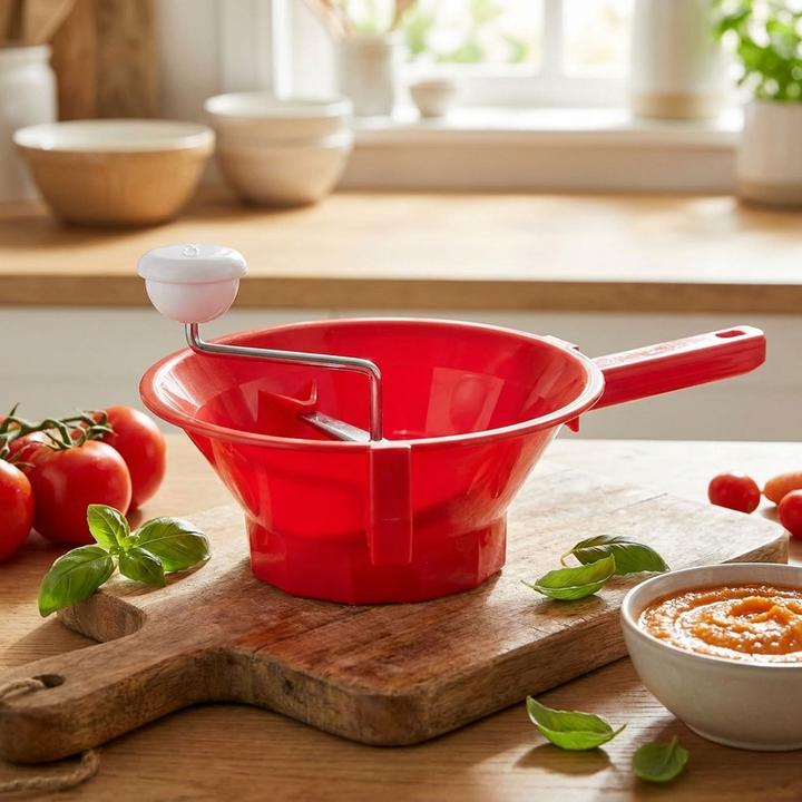 Produktbild Tomatto Robuste Gemüsemühle Ø22cm in Rot-Weiss mit 3 Sieben: Passiermühle