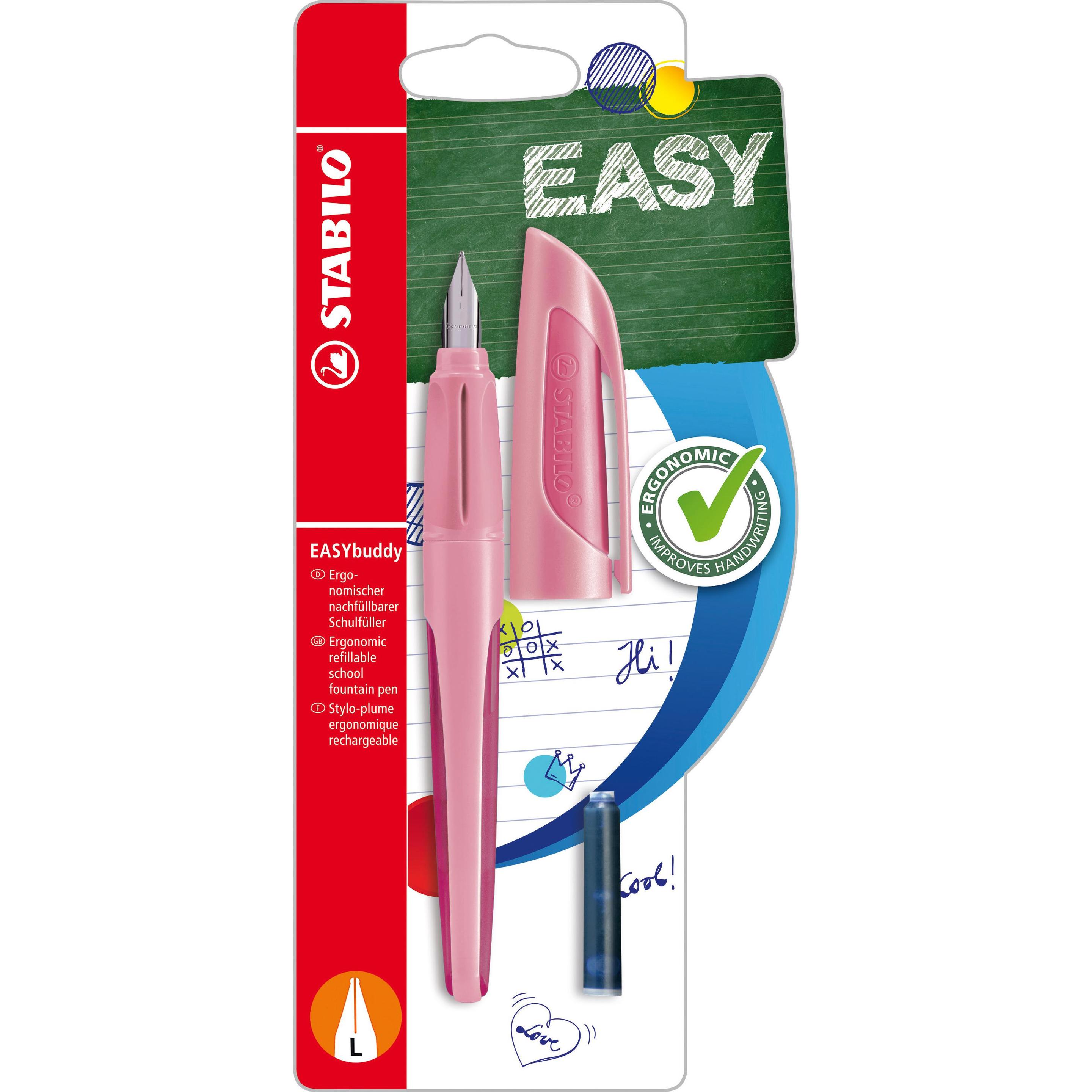 STABILO, Schreibstifte, Schulfüller mit Linkshänder-Feder L - EASYbuddy Pastel in Rosiges Rouge - Schreibfarbe blau (Ros...