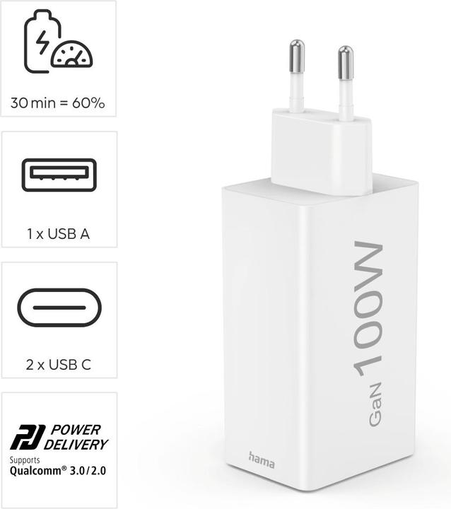 Actual product image Hama GaN quick charger, 2x USB-C PD, 1x USB-A Q (100 W)