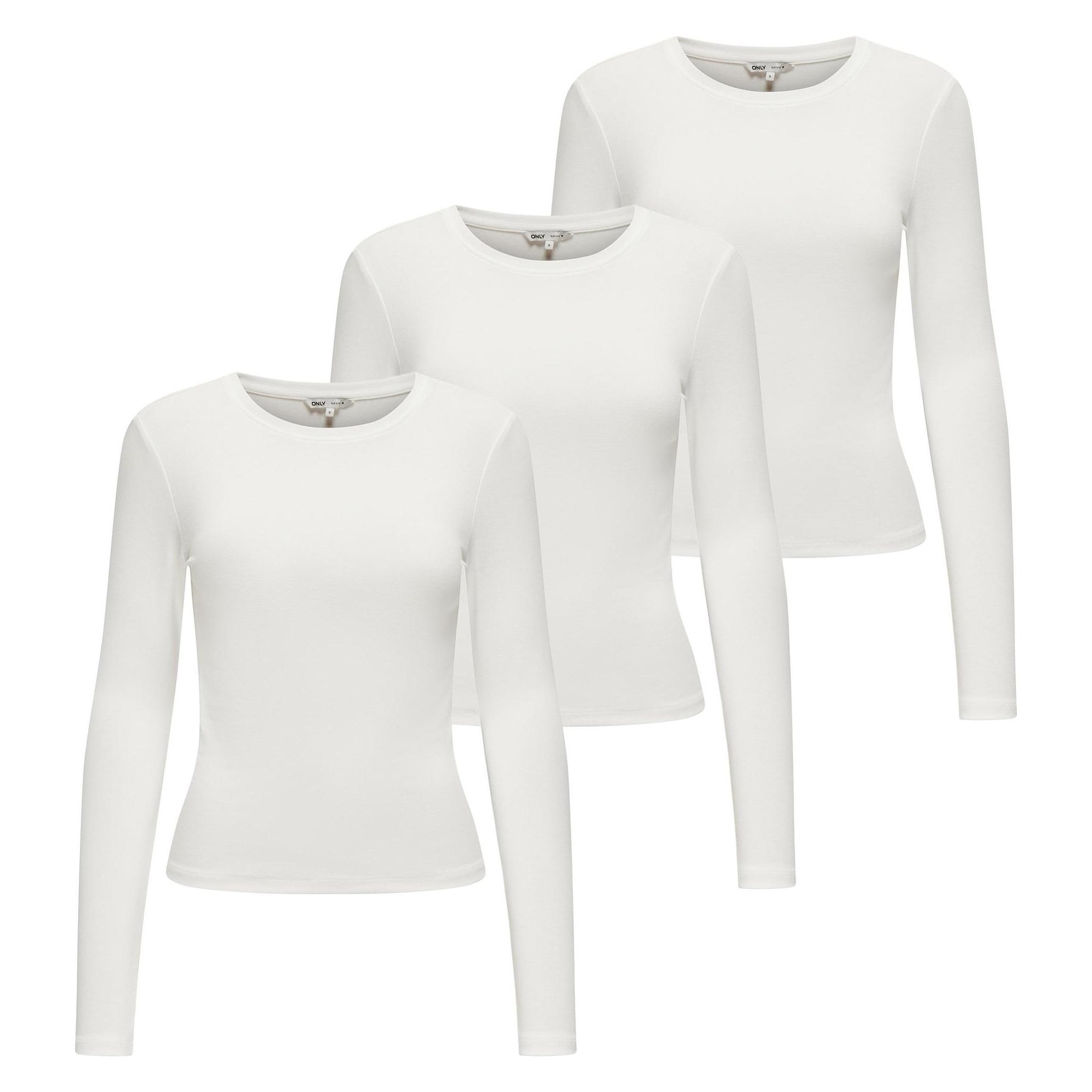 Only, Damen, Shirts, Longsleeve Casual Figurbetont Onlriley O-Neck Top 3P, Weiss, (S)