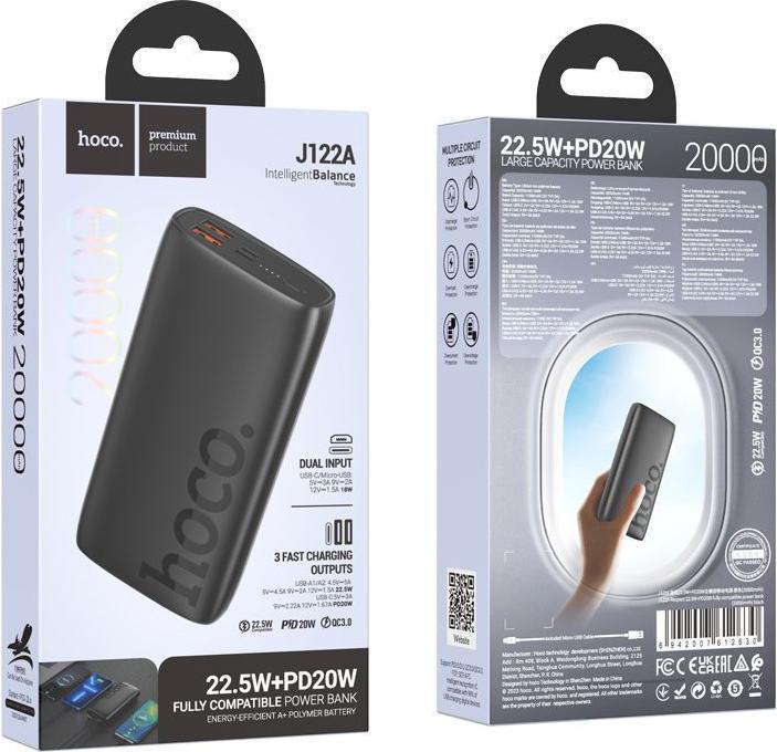 Actual product image Hoco Power bank Powerbank 20000 mAh QC PD 3A 22,5W J122A black (20000 mAh, 22.50 W, 74 Wh)