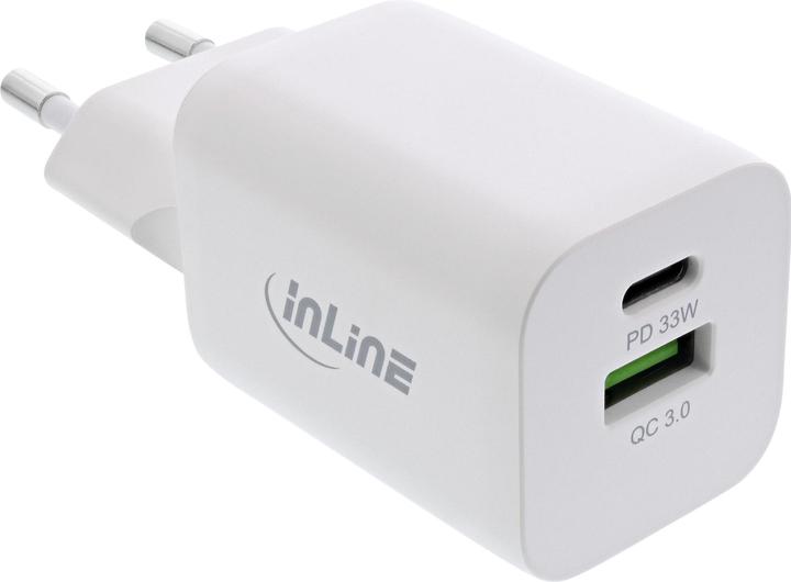 InLine USB power adapter, charger, USB-A + USB-C, 33W, Power Delivery + Quick Charge, white (33 W, 2 ports)