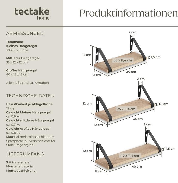 Actual product image tectake 3 hanging shelves Cowell (40 x 12 x 12 cm)