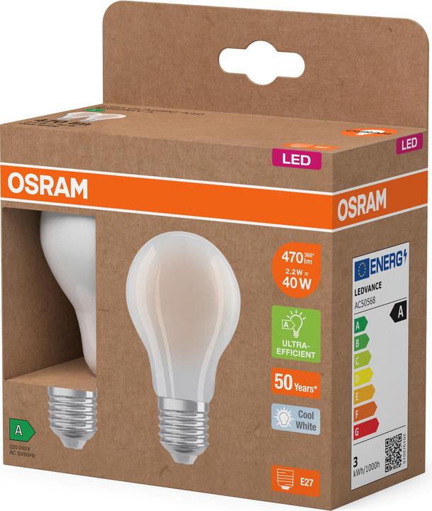 Actual product image Osram LED LAMPS ENERGY CLASS A ENERGY EFFICIENCY FILAMENT CLASSIC A 2.2W 840 Frosted E27 (E27, 2.20 W, 470 lm, 6 x, A)