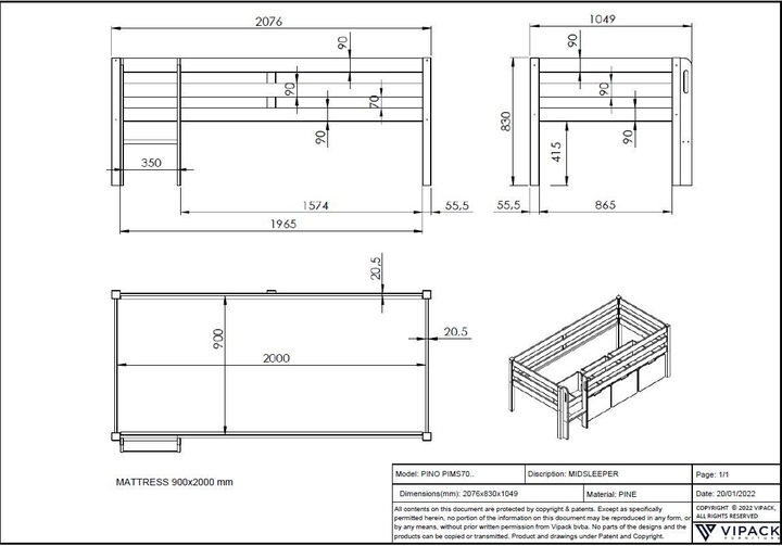 Immagine prodotto Vipack Letto Pino con mensola sospesa e set di cassetti (90 x 200 cm)