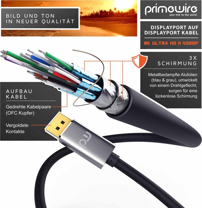 Actual product image Primewire DisplayPort Cable, DP 1.4, Premium Monitor Cable 8K 7680 x 4320 @ 60 Hz - 4k @ 120 Hz with DSC (1 m, DisplayPort, 1.4)