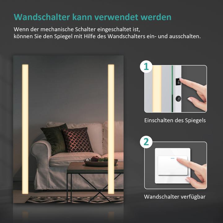 Produktbild Emke Badezimmerspiegel mit Beleuchtung 80*60cm,Beschlagfrei, 3000K/6500K,Tast Schalter (80 x 60 cm)