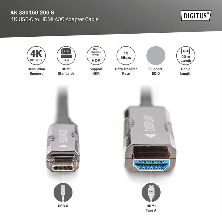 Image du produit Digitus Câble adaptateur 4K USB type - C vers HDMI AOC (20 m, HDMI, 2.0)