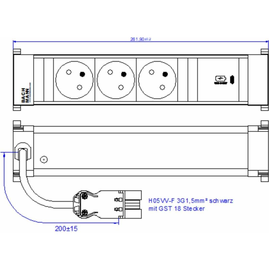 Thumbnail - Bachmann, Steckdosenleiste, POWER FRAME M 3xUTE 916.5301xUSB C 30W 0,2m GST18 (3 x, CEE 7/5, CEE 7/3, 0.20 m)