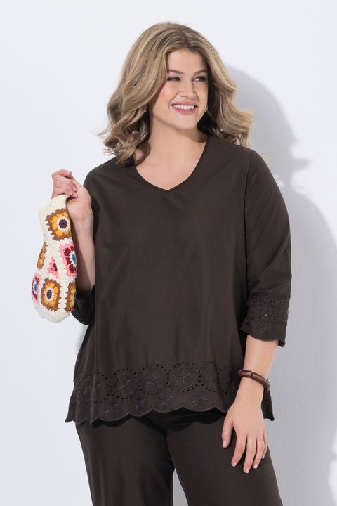 Immagine prodotto Ulla Popken Camicia di cotone biologico con ricami, scollo a V e maniche a 3/4 (58, 60)