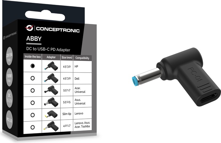 Produktbild Conceptronic Adapter USB-C -> DC, HP 4.5x3.0mm 18-20V sw