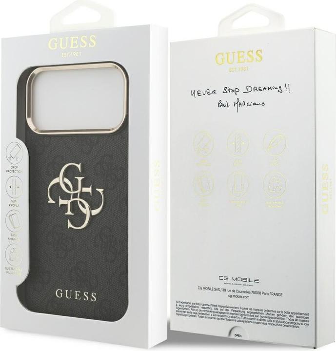 Produktbild Guess PU-Leder 4G Metall Logo Goldrahmen Backcover für iPhone 17 Pro Max Schwarz (Apple iPhone 17 Pro Max)