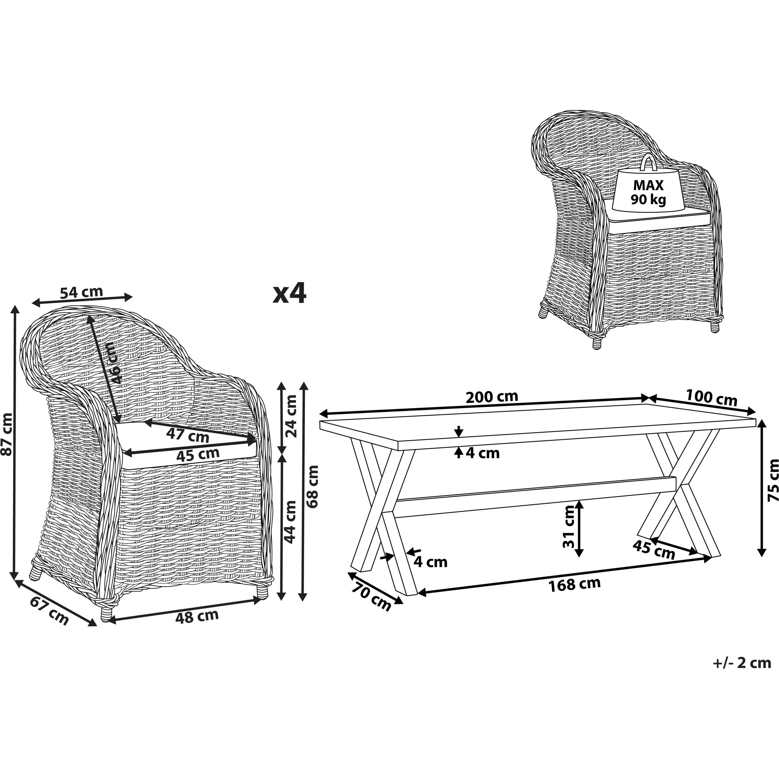 Thumbnail - Beliani, Gartentisch + Balkontisch, Gartenmöbel Set Rattan natürlich 4-Sitzer Auflagen cremeweiss SUSUA/OLBIA (200 cm)