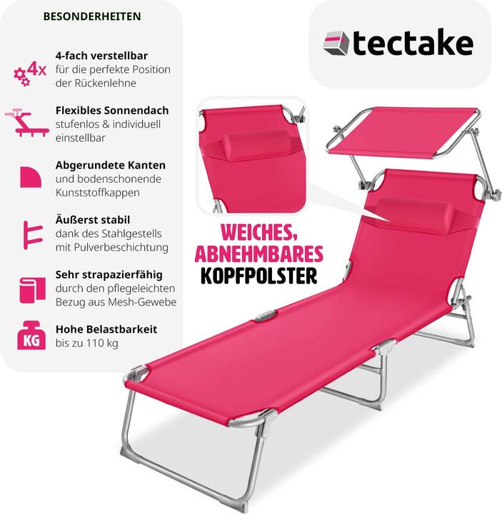 Produktbild tectake 2 Gartenliegen 4-stufig mit Kopfpolster (161 cm)