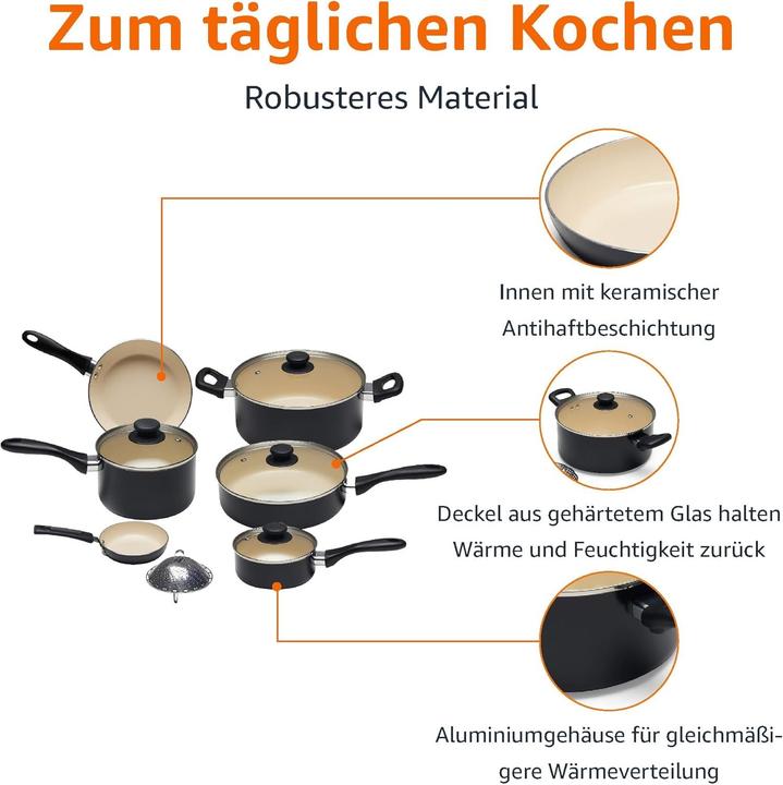 Actual product image Amazon Basics 11Piece Pan Set Ceramic Pots and Pans NonStick Coating PFOA and PTFE Free BlackCream (Pan set + pot set, Aluminium)
