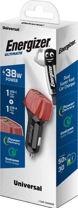 Actual product image Energizer Car Charger - Power Delivery & QC3 - 38W - 1 USB-C & 1 USB-A, Wood Look