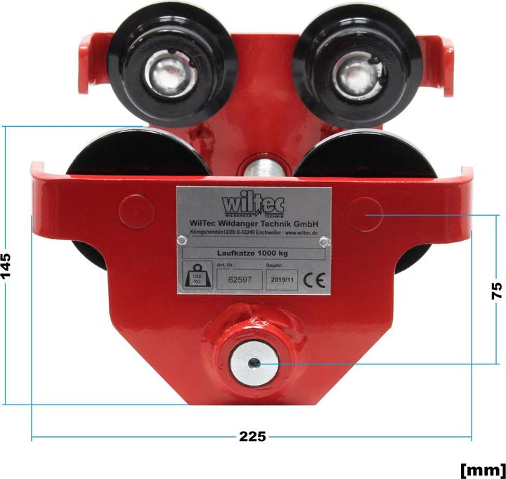 Actual product image Wiltec Crane Trolley 1000kg 55-210mm adjustable Flange Width Hand-Geared Trolley