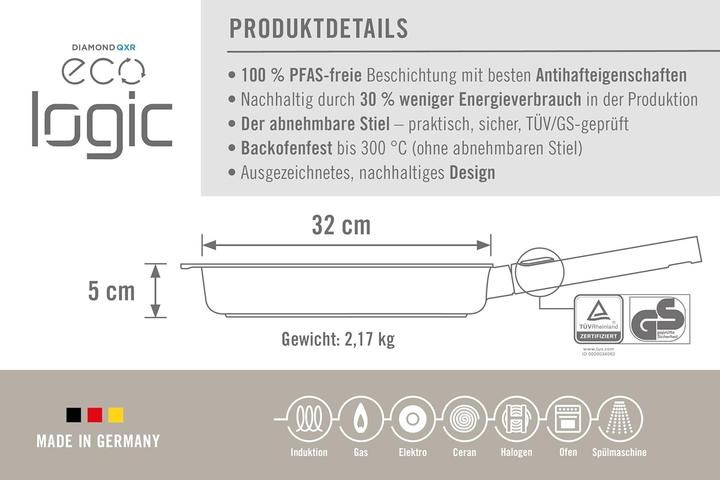 Immagine prodotto Woll Padella piatta antiaderente, senza PFAS, con manico rimovibile, adatta a tutti i fornelli e forno (Padella per friggere, Alluminio pressofuso, 32 x 5 cm)