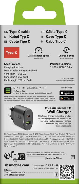 Energie-Label SBS Daten- und Ladekabel Type C Länge 2 Meter (2 m, USB 2.0)