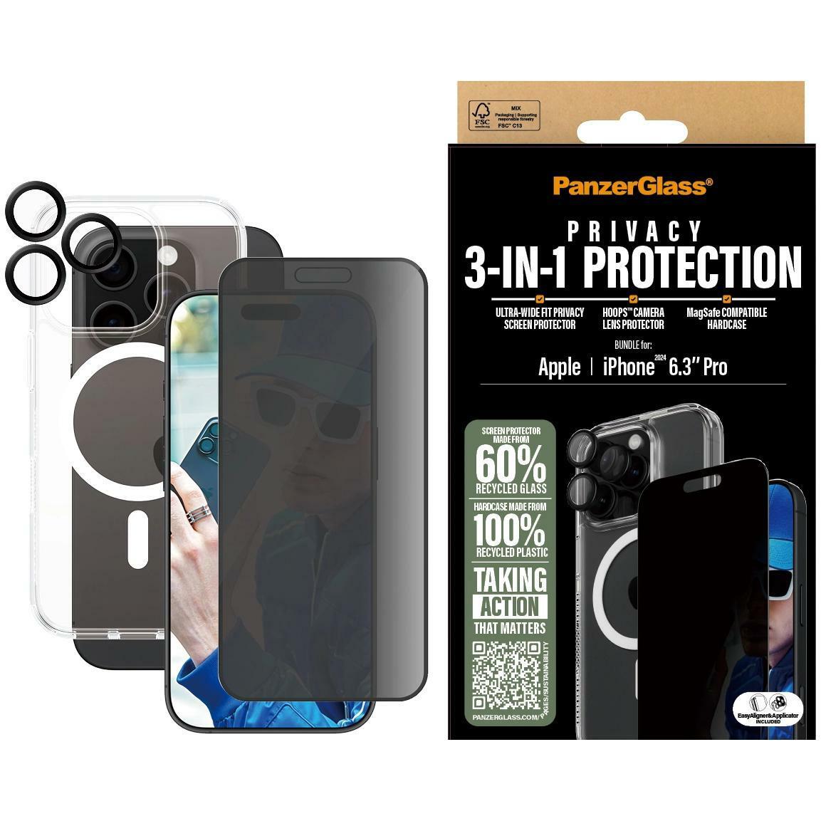 PanzerGlass Privacy (1 Stück, Apple iPhone 16 Pro), Smartphone Schutzfolie, Transparent