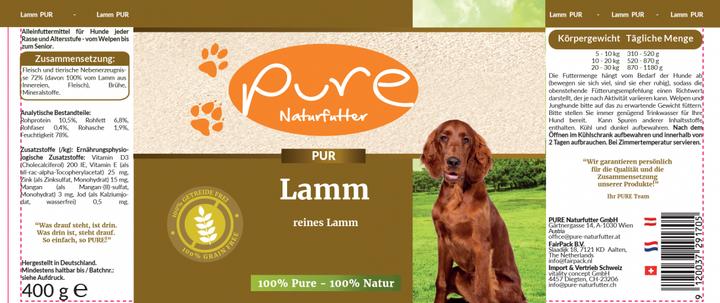 Image du produit Pure Naturfutter Menu pour chien Boîte de viande PUR agneau (Adulte, 1 pcs, 400 g)