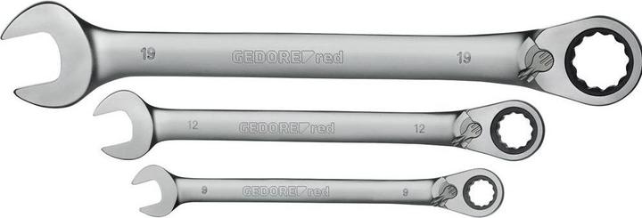 Actual product image Gedore Red Combination ratchet open-end wrench set reversible. metric 5 pieces (19 mm, 8 mm, 15 mm, 7 mm, 10 mm)