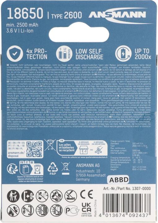 Produktbild Ansmann Akku 18650, geschützter Akku durch Sicherheitsbeschaltung (1 Stk., 18650, 2600 mAh)