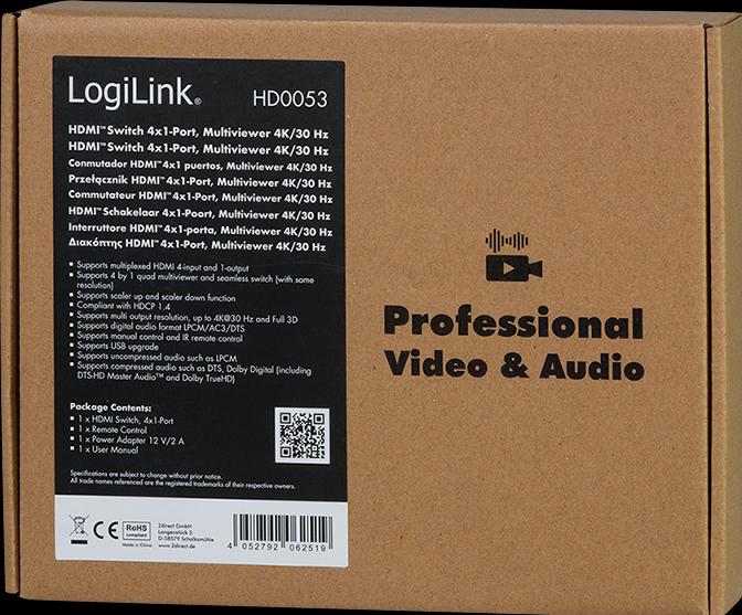 Image du produit LogiLink Commutateur HDMI 4x1 port, multiview, 4K/30 Hz, scaler, seamless, RC