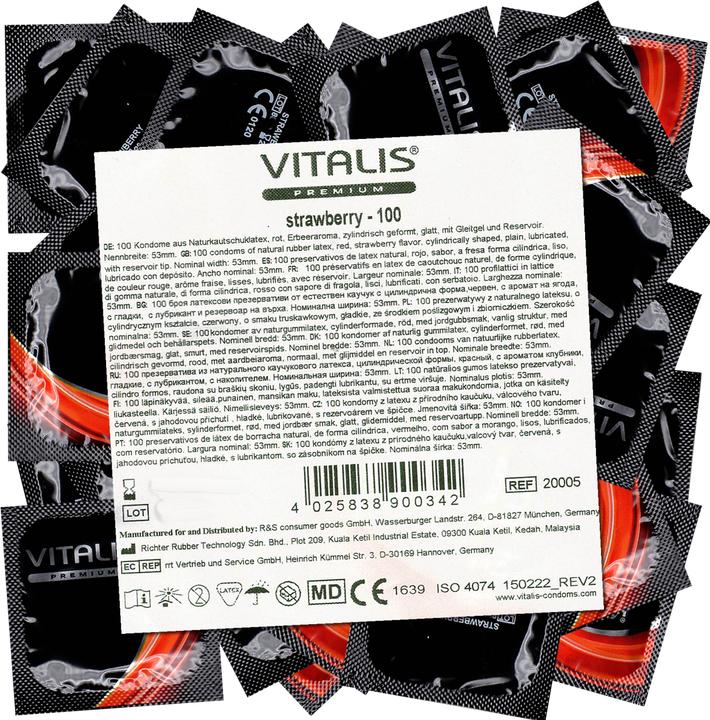 Produktbild Vitalis PREMIUM «Strawberry» 100 rote Kondome für Oralsex - mit Erdbeer-Aroma, Maxipack (100 Stk.)