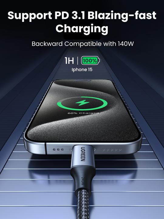 Productafbeelding Ugreen USB-C naar USB-C USB4 kabel, 240W, 2m (zwart) (2 m, USB 2.0, 240 W)