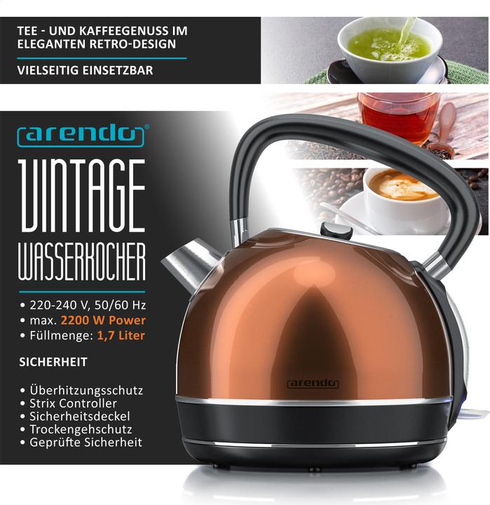 Actual product image Arendo Kettle 1.7 l, 2200 W, stainless steel, retro style vintage, overheat & dry boil protection, copper (1.70 l)