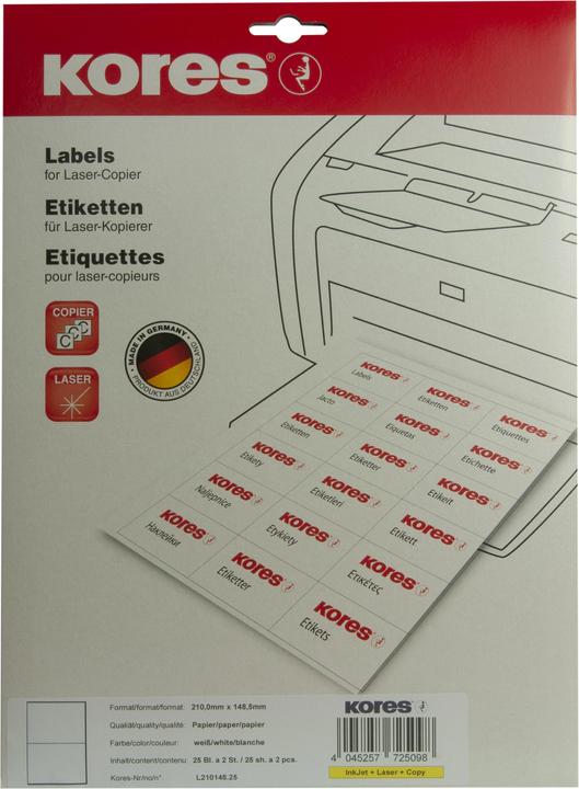 Image du produit Kores Étiquettes universelles, 210 x 148 mm, blanc, 25 feuilles