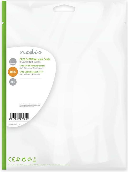 Actual product image Nedis Cat 6 cable | RJ45 male | RJ45 male | S/FTP | 3.00 m | round | LSZH | yellow | plastic bag (S/FTP, CAT6, 3 m)