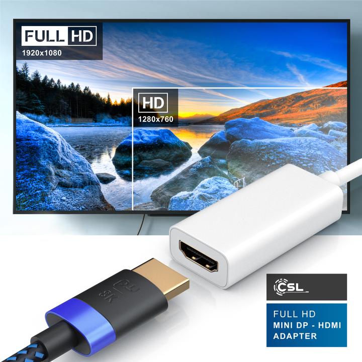 Produktbild CSL Mini DisplayPort zu HDMI Adapter, Full HD MiniDP zu HDMI Buchse Konverter / Adapterkabel - 0,15m (HDMI, 10 cm)