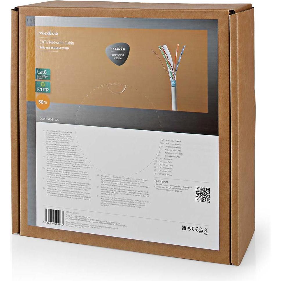 Thumbnail - Nedis Netzwerk-Kabel Rollen CAT6 Solid F/UTP CCA 50.0 m Innenbereich Rund PVC Grau (F/UTP, CAT6, 50 m), Netzwerkkabel