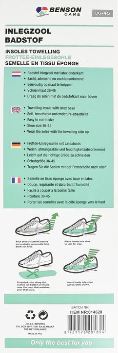 Actual product image Benson Care Insoles towelling size 36-45