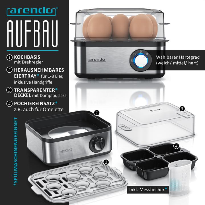 Actual product image Arendo Breakfast set, stainless steel kettle 1.5l with temperature setting & egg boiler 1-8 eggs, silver