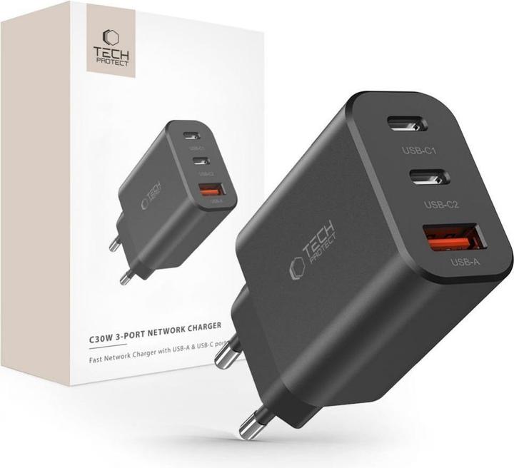 Tech-Protect NC30W chargeur réseau 2x USB-C PD 30W / USB-A QC 3.0 - noir (30 W)