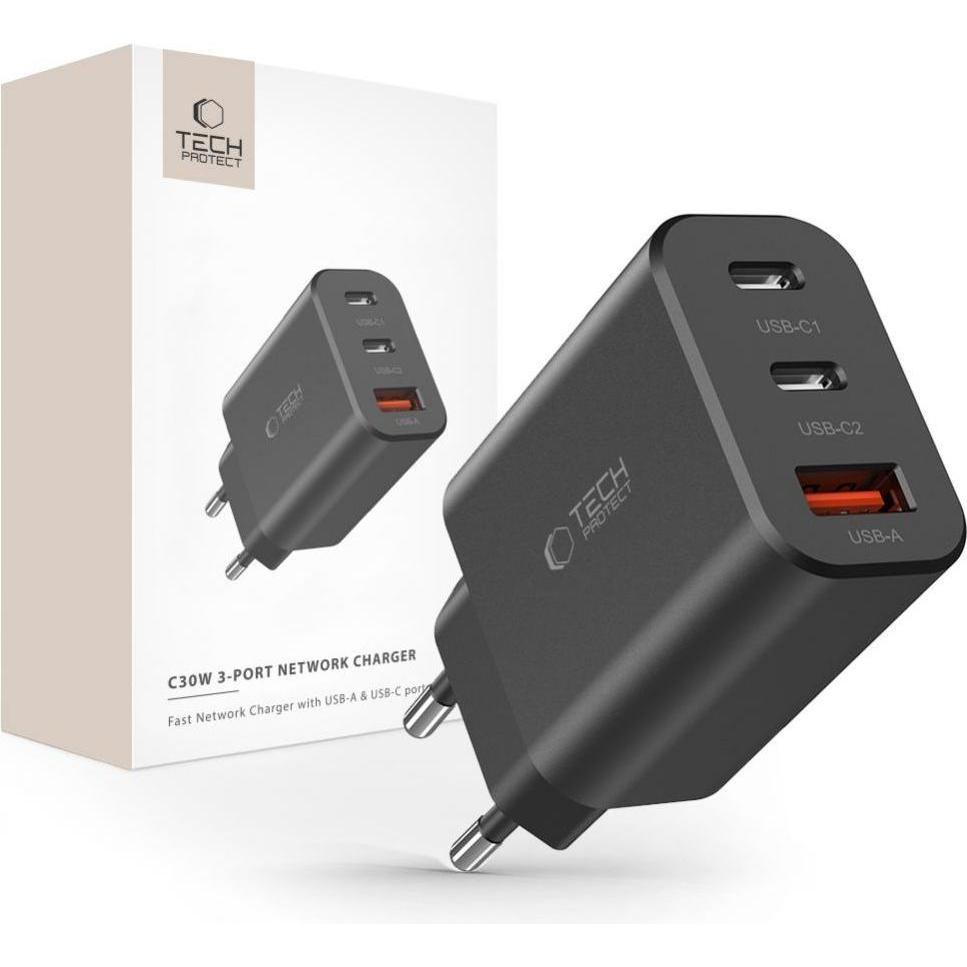 Tech-Protect NC30W caricatore di rete 2x USB-C PD 30W / USB-A QC 3.0 - nero (30 W), Caricatore USB, Nero