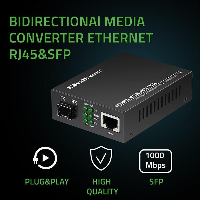 Productafbeelding Qoltec Bidirektionaler Medienkonverter Ethernet SWITCH 1x RJ45 1x SFP | 1000 Mbit/s | 5V