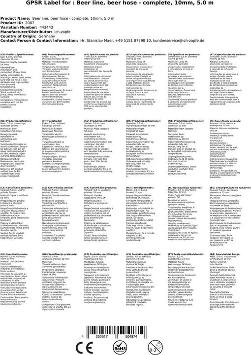 Immagine prodotto Ich-zapfe Bierleitung, Bierschlauch - komplett fertig, 10mm, 5.0 m