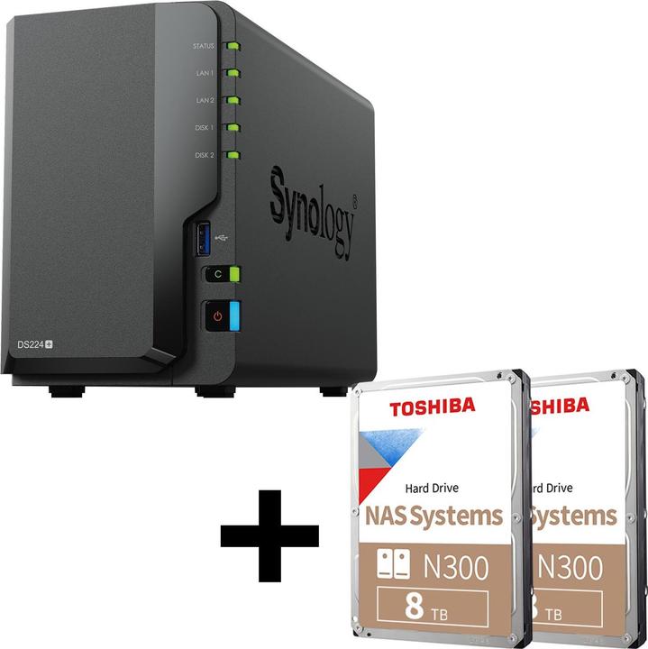 Productafbeelding Synology DiskStation DS224+ 2-bay NAS-server lege behuizing + 2x Toshiba N300 SATA 3,5"" HDD 8TB (2 x 8 TB, Toshiba N300)