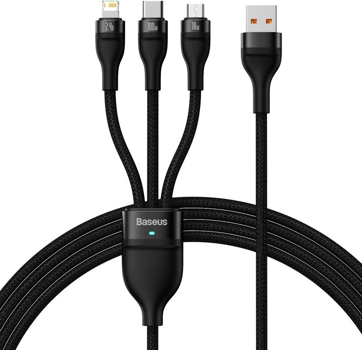 Produktbild Baseus 3in1 USB cable Flash Series, USB-C + micro USB + Lightning, 100W, 1.2m (black) (1.20 m, USB 3.2 Gen 1)