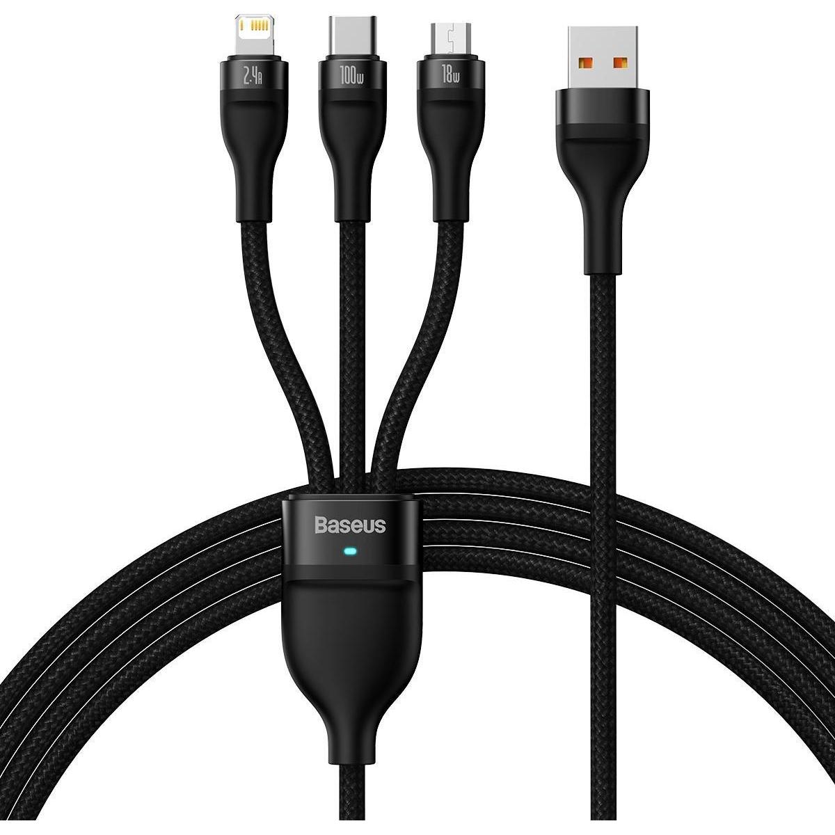 Baseus 3in1 USB cable Flash Series, USB-C + micro USB + Lightning, 100W, 1.2m (black) (1.20 m, USB 3.2 Gen 1), USB Kabel