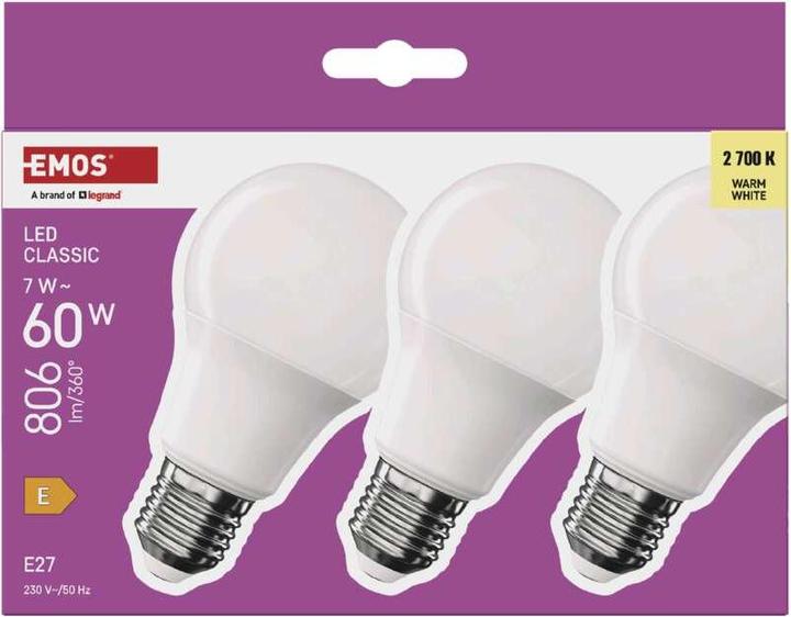Image du produit Emos Lampe LED Classic A60 / E27 / 7 W (60 W) / 806 lm / Blanc chaud (E27, 7 W, 806 lm, 3 x, E)