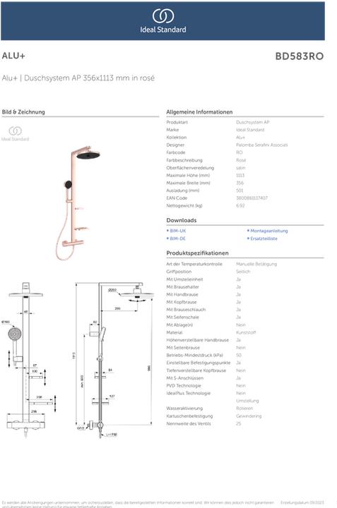 Produktbild Ideal Standard Duschsystem Alu+: Ceratherm Brausethermostat 2 Ablagen, 2F-Handbrause, 2F-Kopfbrause