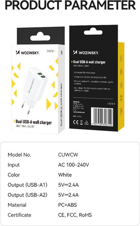 Actual product image Wozinsky CUWCW 2.4A 2 x USB-A wall charger - white