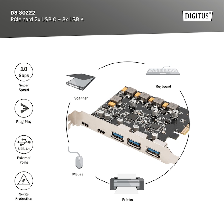 Produktbild Digitus PCIe Karte 2x USB-C + 3x USB A